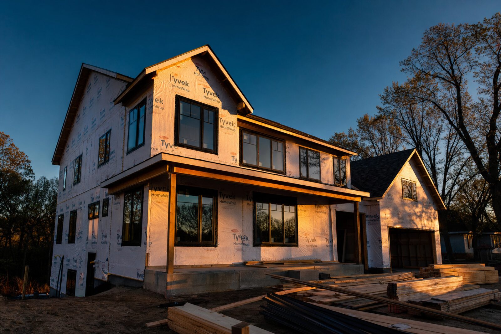 Modern two-story home under refined construction at golden hour