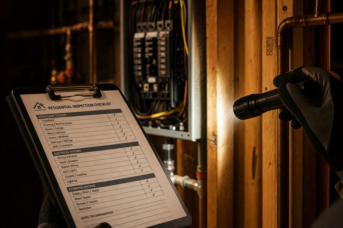 Professional inspector documenting an electrical panel with a flashlight and checklist